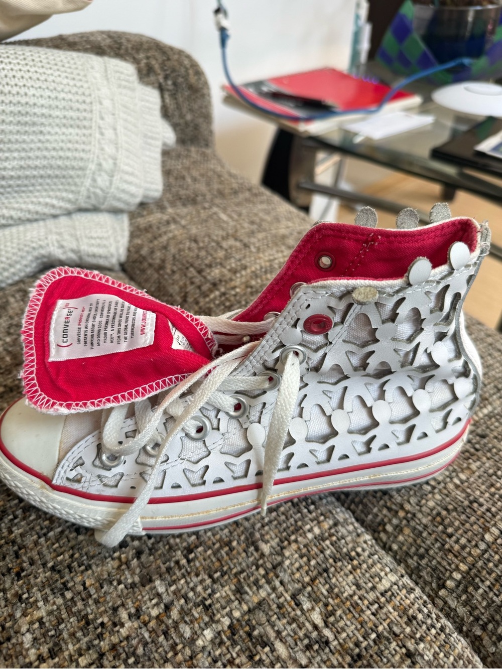 Converse Red and PatBO/laser-cut design leather high tops